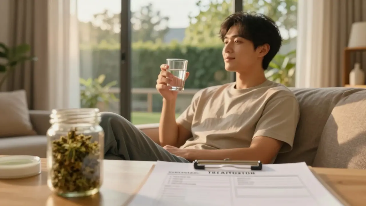Ruhige Person mit Wasserglas in sonnigem Wohnzimmer, CBD-Produkte im Vordergrund.