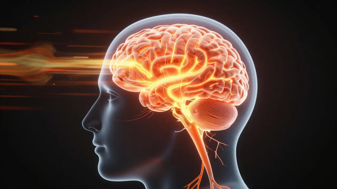 Stilisierte Darstellung eines menschlichen Gehirns mit leuchtenden neuronalen Verbindungen, die schnelle Wirkung symbolisieren.