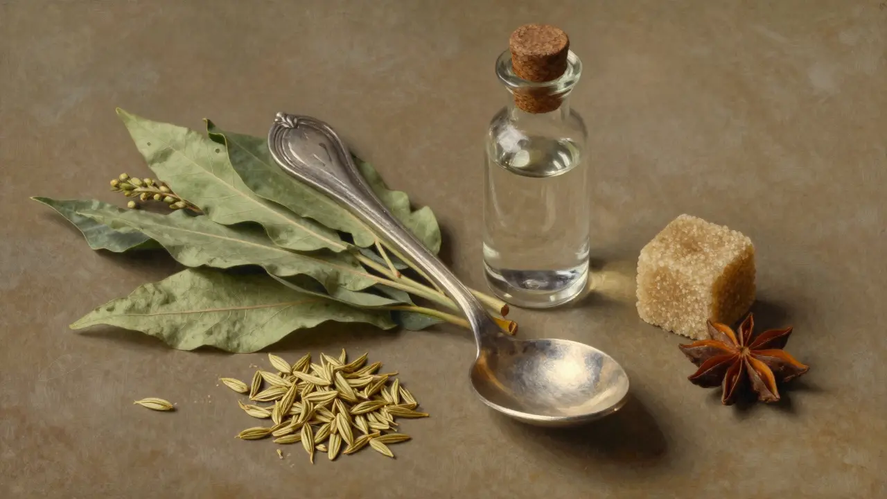 Stillleben mit Absinthlöffel, Wermutkraut und Gewürzen auf rustikalem Holz