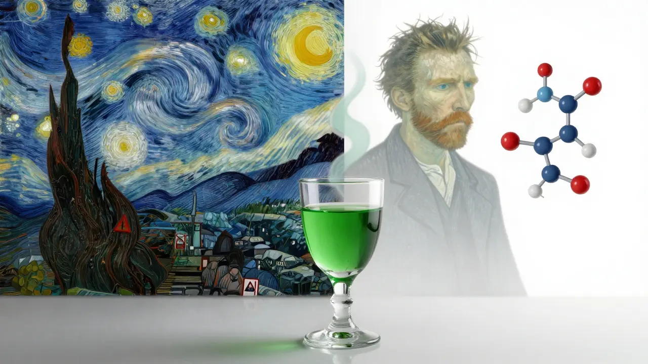 Surreale Illustration: Mythen um Van Gogh und den grünen Engel gegenüber Fakten.