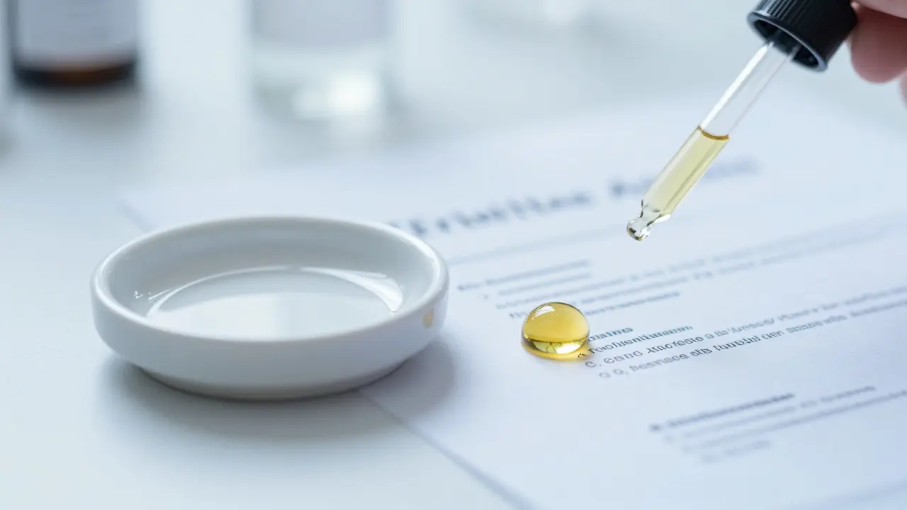 Tropfen Distillatöl neben Laborbericht für Qualitätssicherung