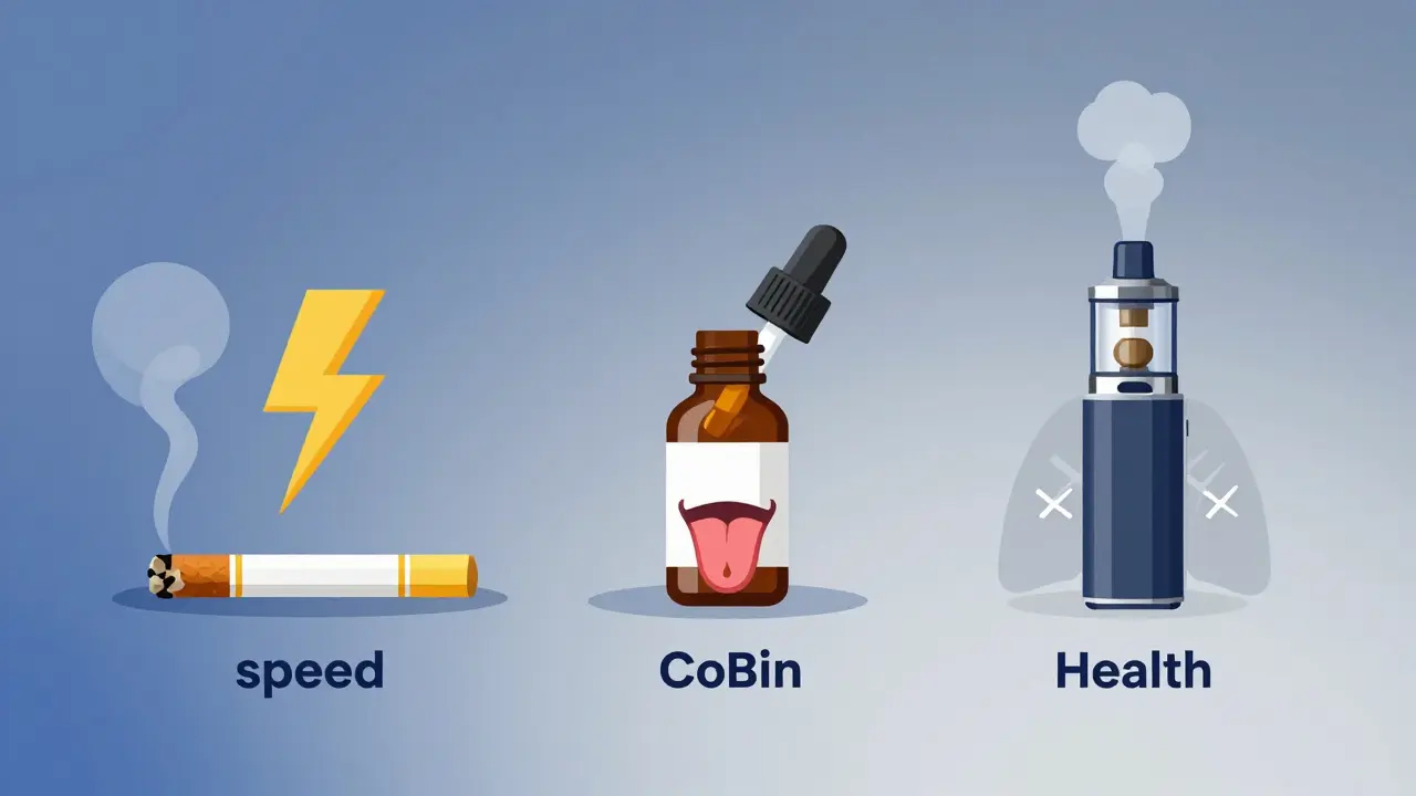 Vergleich der CBD-Konsummethoden: Rauchen, Öl und Vaping mit Symbolen.