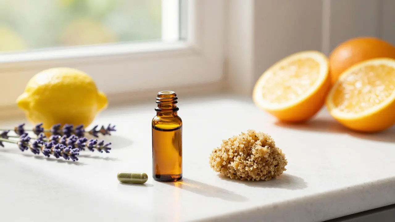 Verschiedene Cannabinoid-Produkte neben Zitrusfrüchten und Lavendel als Terpene-Symbolik