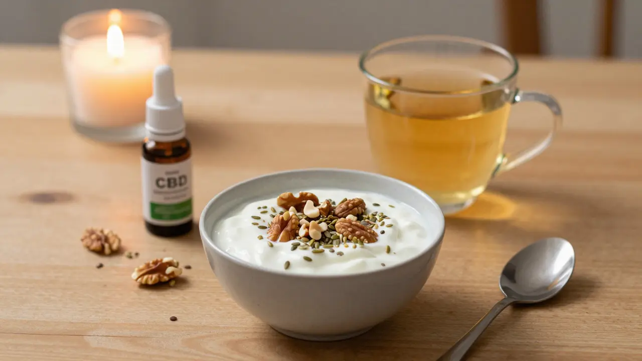 Yogurt mit Nüssen und CBD-Öl für eine entspannte Abendroutine