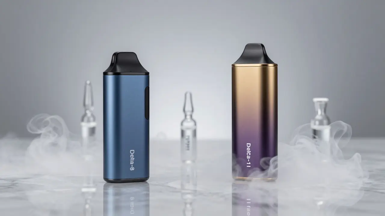 Zwei stilisierte Vape-Geräte auf Marmoroberfläche, blau und gold