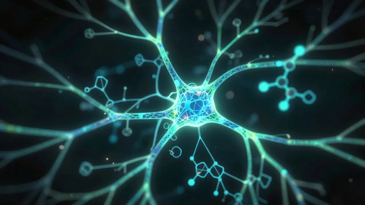 Abstrakte Darstellung neuronaler Wege und molekularer Interaktion