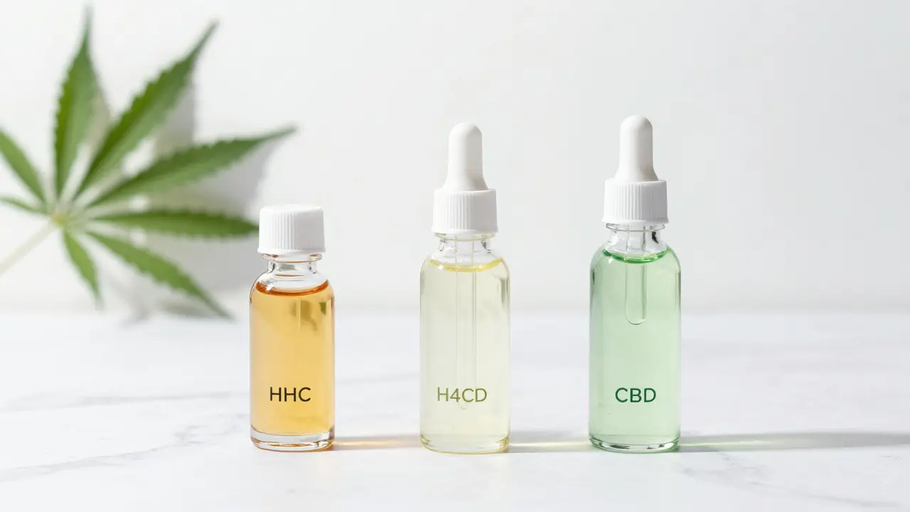 Drei Flaschen mit Cannabinoid-Ölen auf einer sauberen Oberfläche