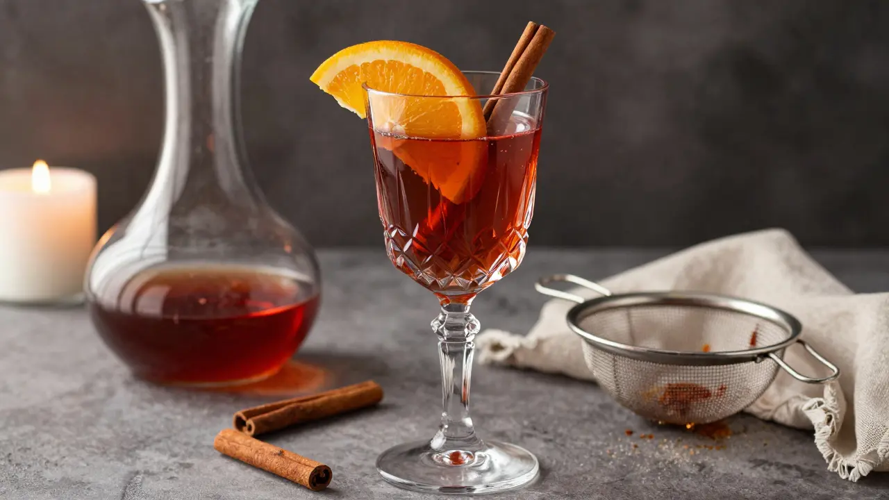 Elegantes Glas mit Cannabis-Wein, Orangenscheibe und Zimtstab bei Kerzenlicht