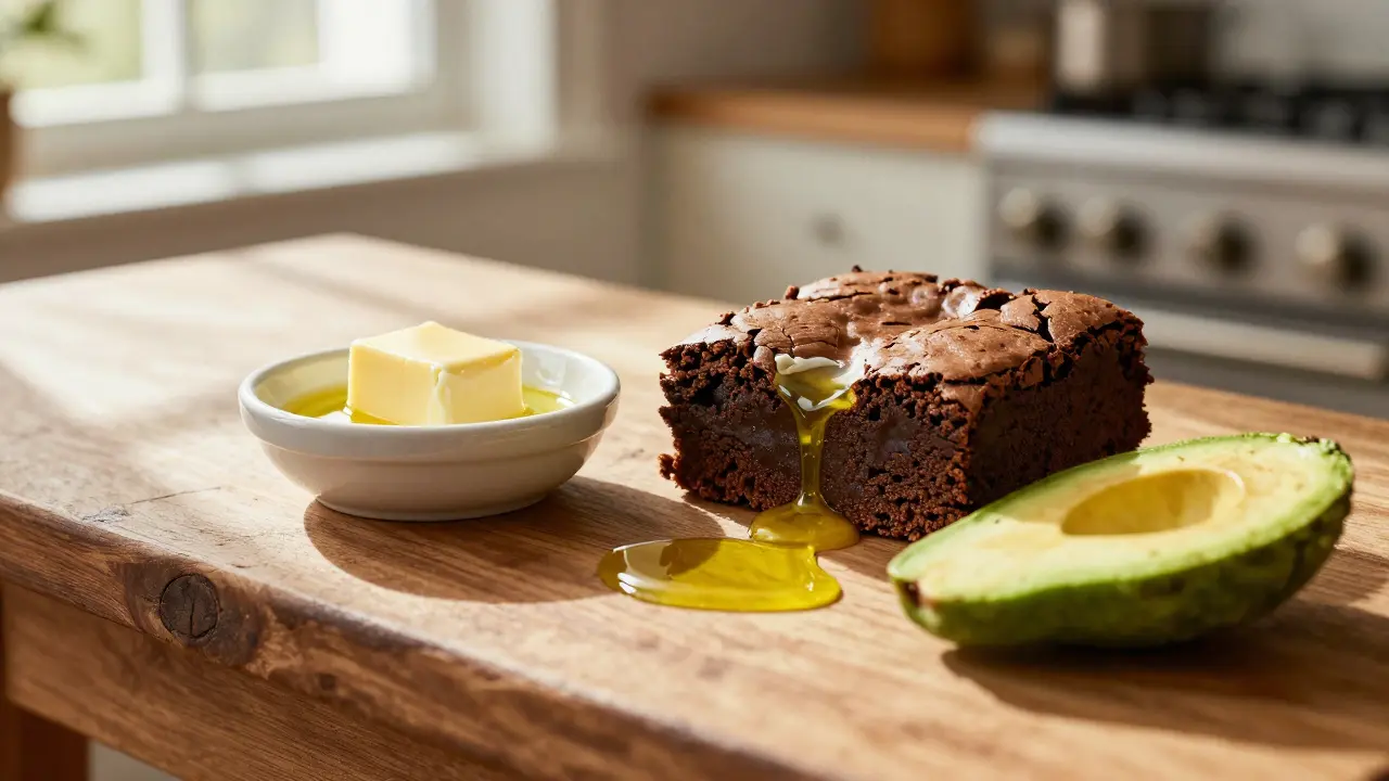 Fotorealistisches Bild eines Edibles mit Butter, Avocado und Olivenöl auf einem Holztisch