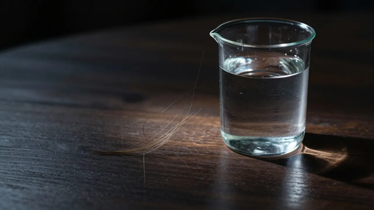 Haarstrang neben Wasserbecher, Symbol für Drogentest-Zeiten