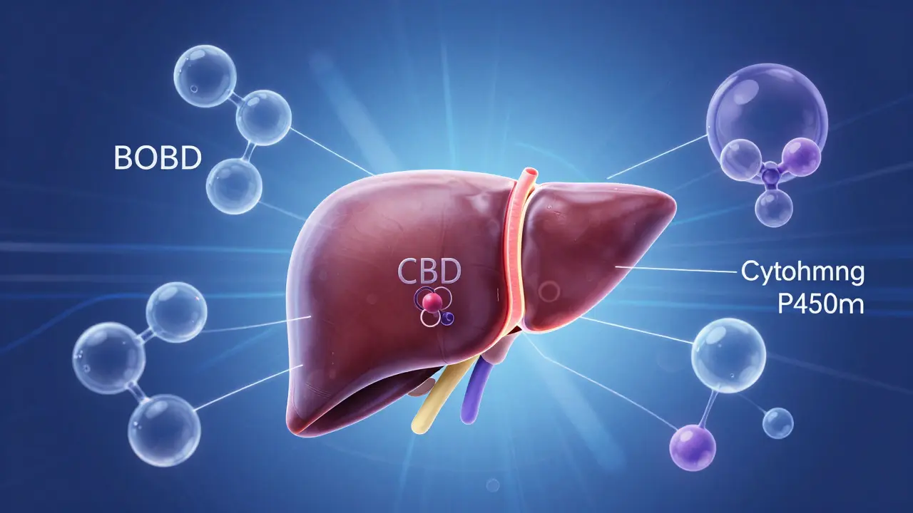 Illustration der Leber mit CBD- und Alkoholmolekülen
