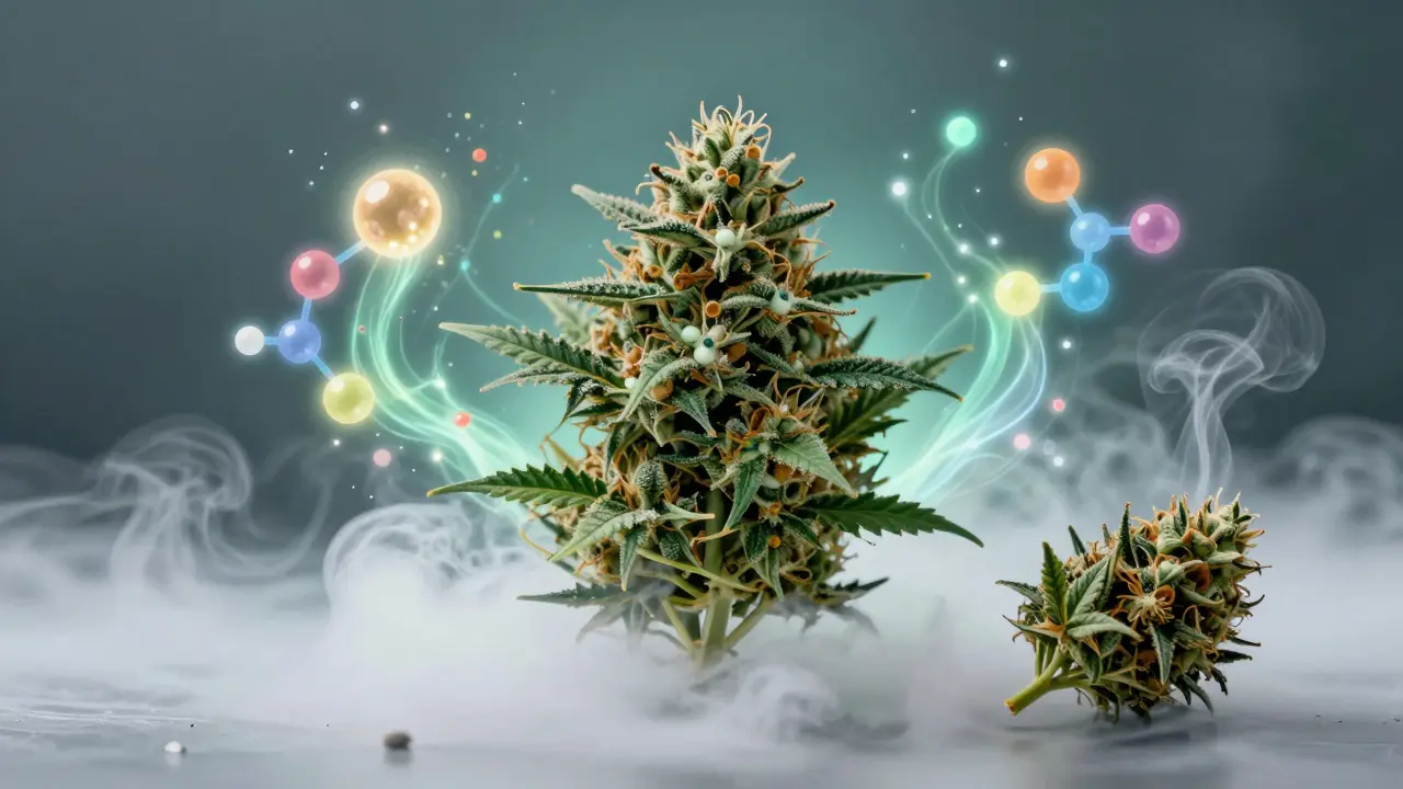 Illustration des Entourage-Effekts mit frischen Pflanzen und Terpenen