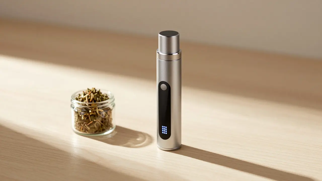 Moderner Vaporizer neben CBD-Blüten auf Holzoberfläche