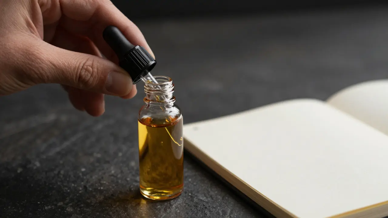 Nahaufnahme von CBD-Öl-Tropfflasche und Notizbuch zur Dosierung