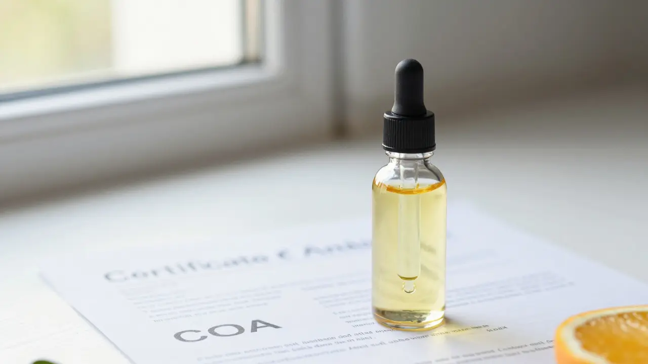 Ölflasche und Laborbericht zur Qualitätssicherung von Cannabinoid-Produkten