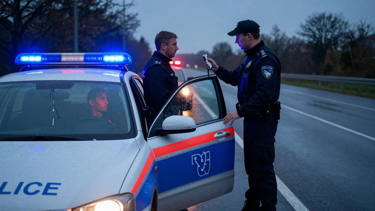 Polizeikontrolle bei Drogenverdacht am Straßenrand mit Blaulicht