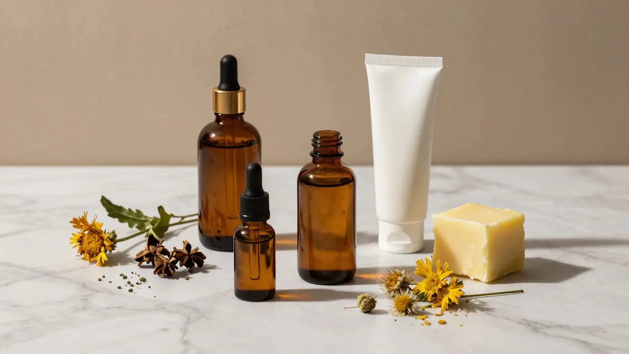 Premium-Hautpflegezutaten wie Sheabutter und Kräuter auf Marmor
