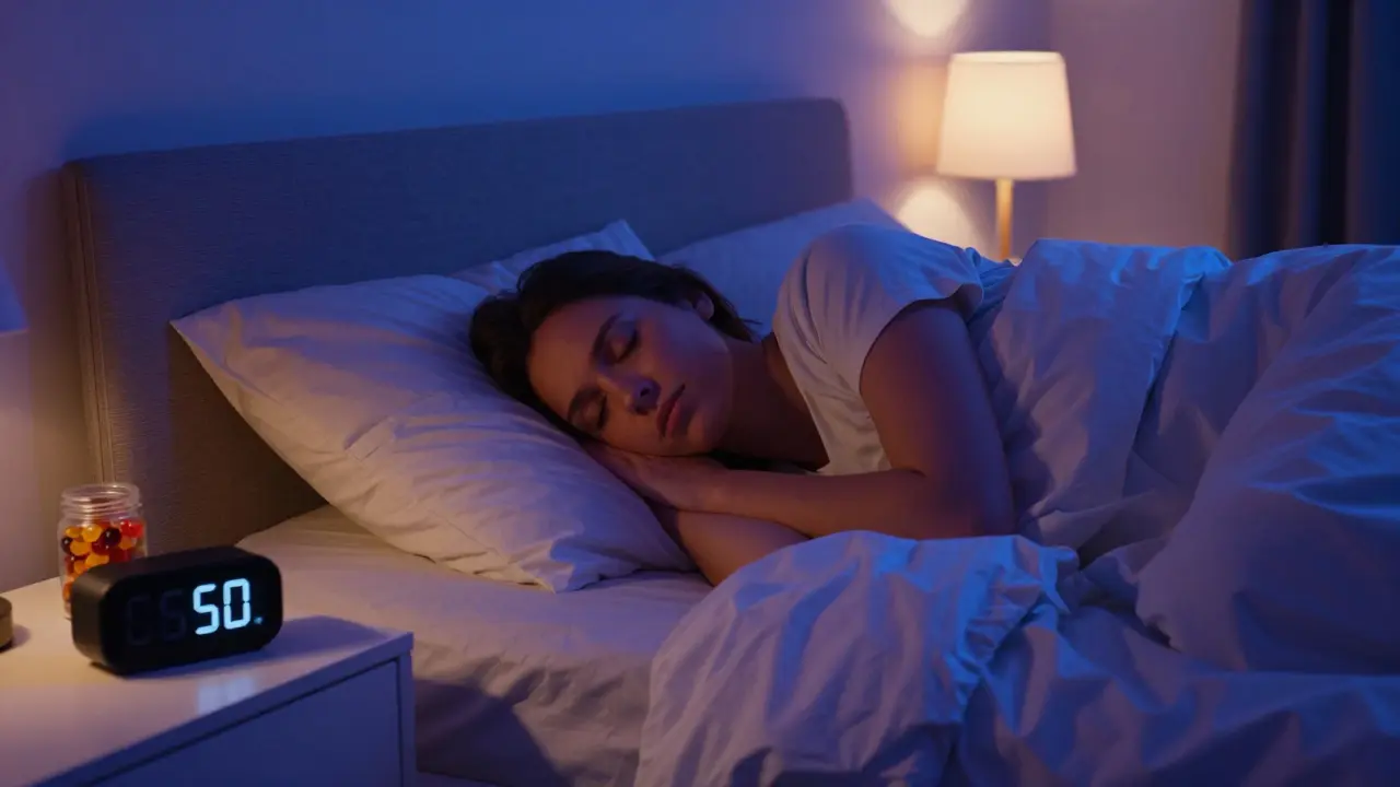 Ruhige Schlafzimmer-Szene mit schlafender Person und CBD-Bonbons am Nachttisch