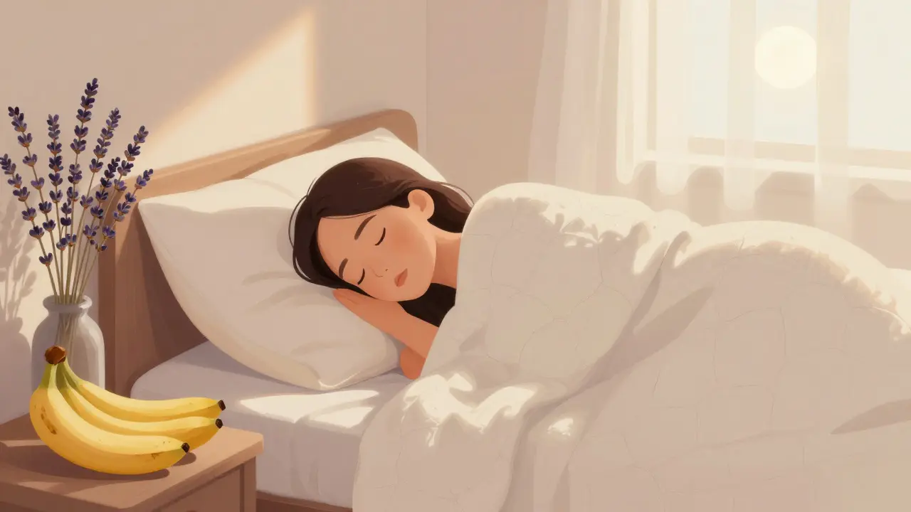 Ruhiges Schlafzimmer mit Lavendel und Bananen für besseren Schlaf