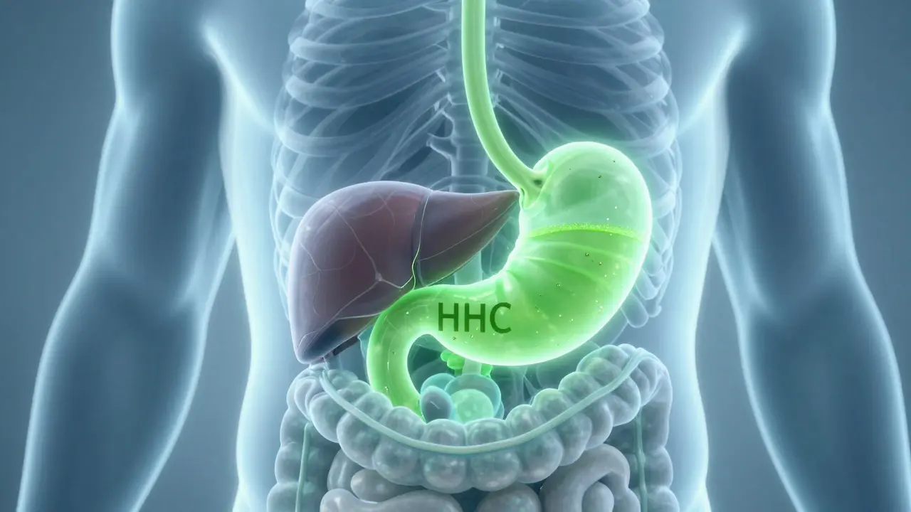 Stilisierte Darstellung der Verdauung von HHC im Körper