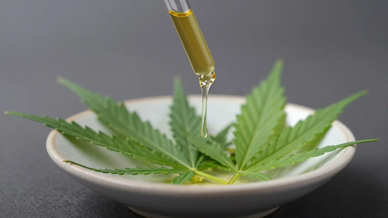 Tropfen CBD-Öl über frischen Hanfblättern