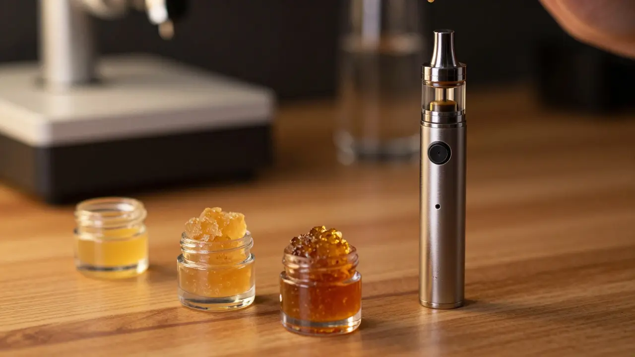 Vape-Pen und Cannabis-Konzentrate auf einem Holztisch bei warmer Beleuchtung