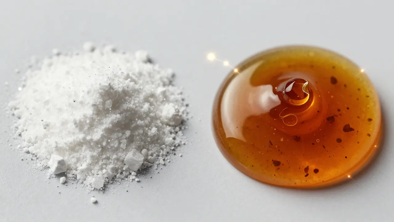 Vergleich von weißem CBD-Isolat und bernsteinfarbenem Breitband-Extrakt