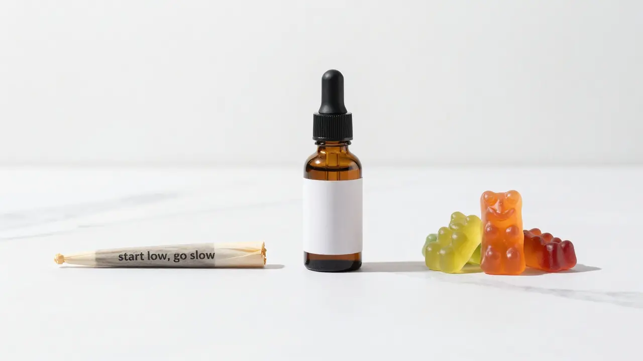 Verschiedene Cannabinoid-Produkte: Joint, Tinktur und Gummibärchen