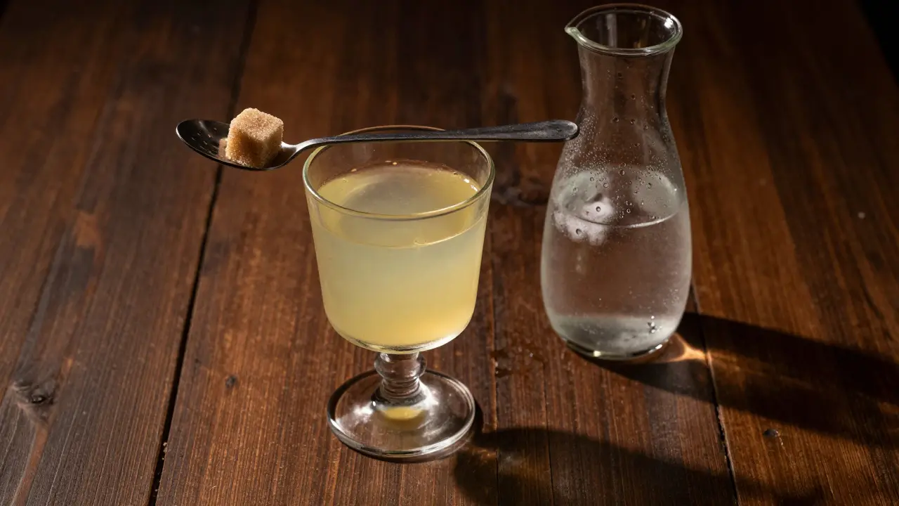 Absinthglas mit Spatel und Zuckerkwürfel auf dunklem Holztisch