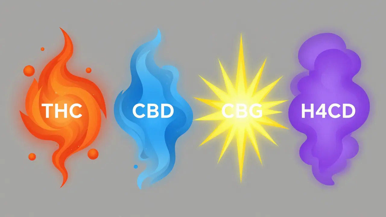 Abstrakte Darstellung der vier Cannabinoide als farbige Energiefelder
