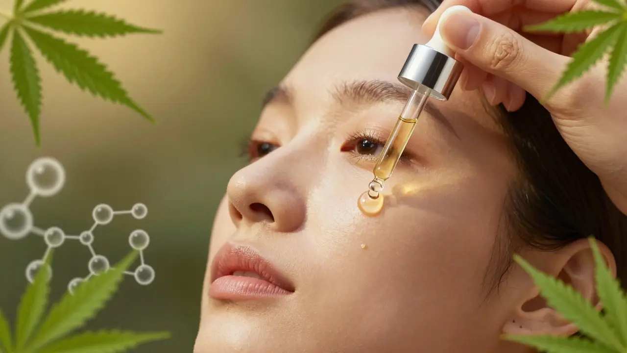 Auftragen von CBD-Serum auf strahlender Haut mit Hanf-Motiven