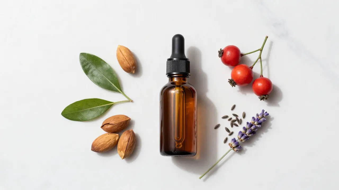 CBD-Ölflasche mit Argan-, Rosenhips- und Jojoba-Inhaltsstoffen auf Marmor