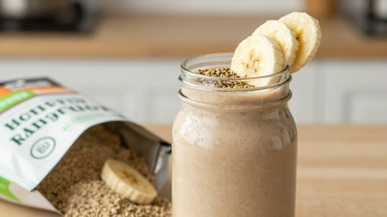 Gläserner Shaker mit Hanfprotein-Shake und Bio-Zertifikat