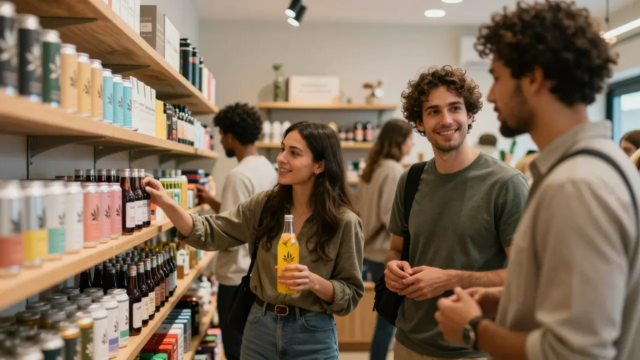 Junge Erwachsene kaufen CBD-Drinks in einem modernen Laden