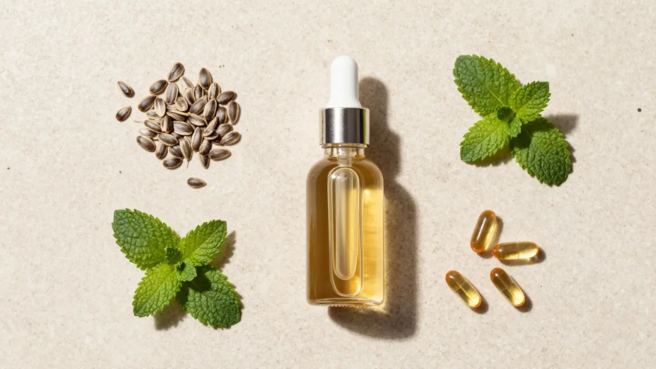 Minimalistische Darstellung von CBD-Öl und natürlichen Pflegezutaten