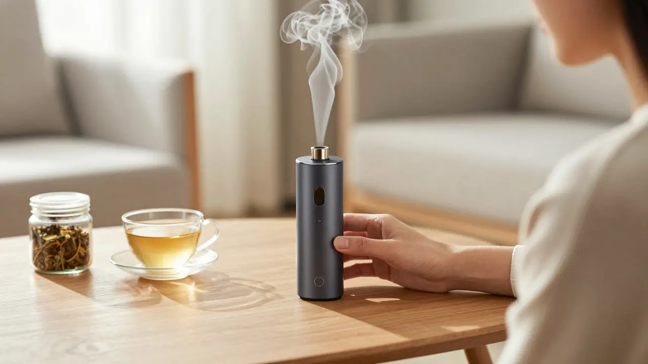 Moderne Vaporisiergerät auf Holztisch bei sanftem Morgenlicht