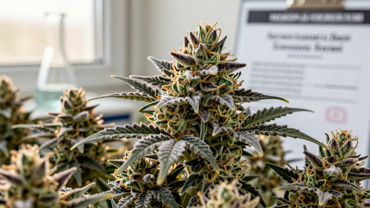 Nahaufnahme hochwertiger Hanfblüten mit Trichomen und Laborhintergrund