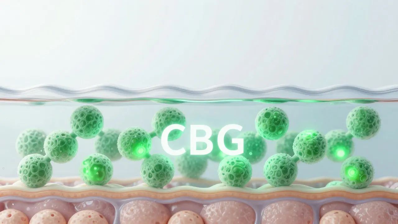 Schematische Darstellung von CBG-Molekülen in den Hautschichten