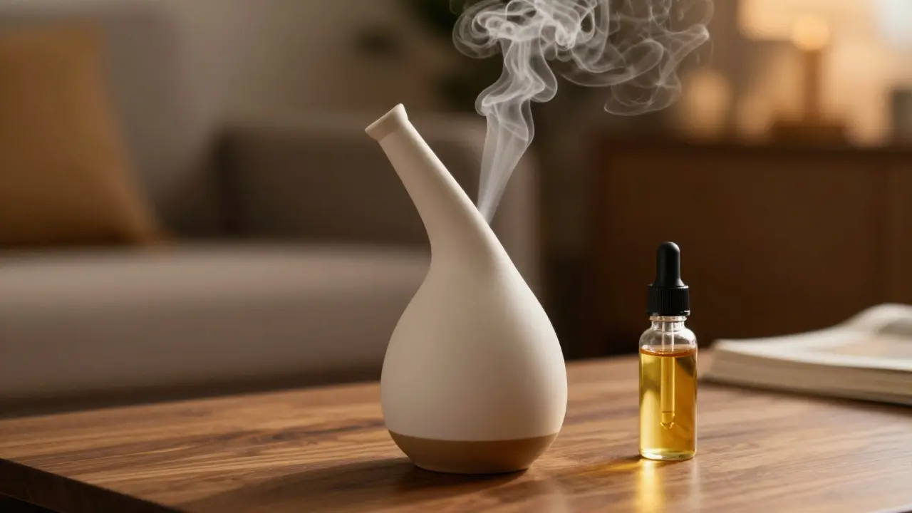 Vaporizer mit Dampf und Terpene-Flasche auf Holztisch