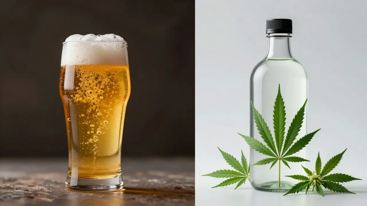 Vergleich von Bier und Cannabis-Getränken im Split-Screen