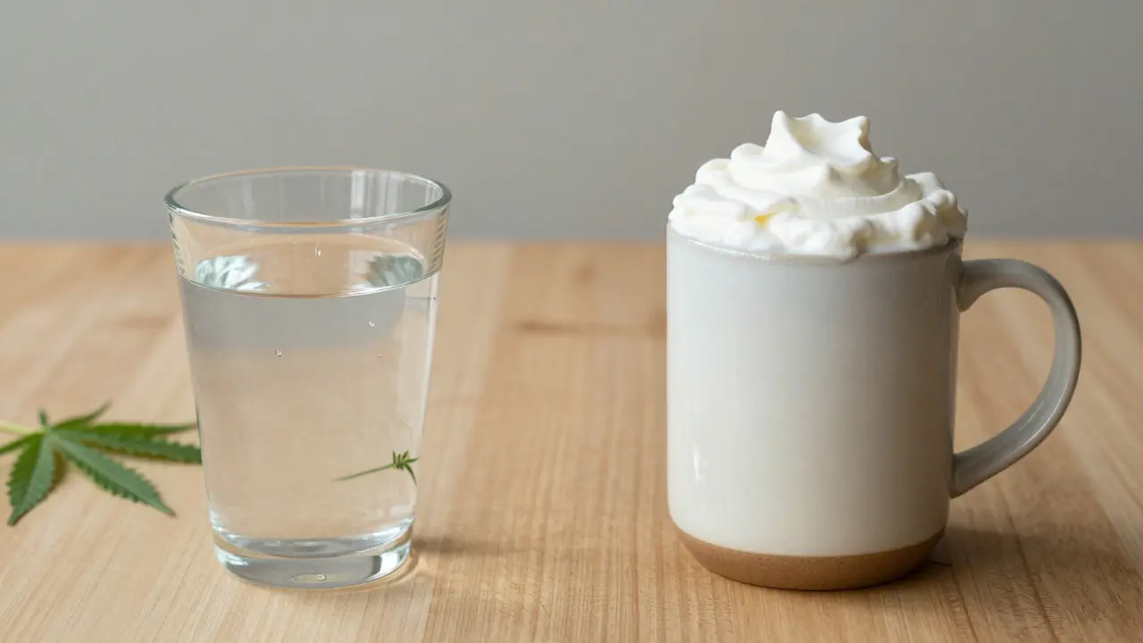 Vergleich von klarem Wasser-Drink und cremigem Cannabis-Shake