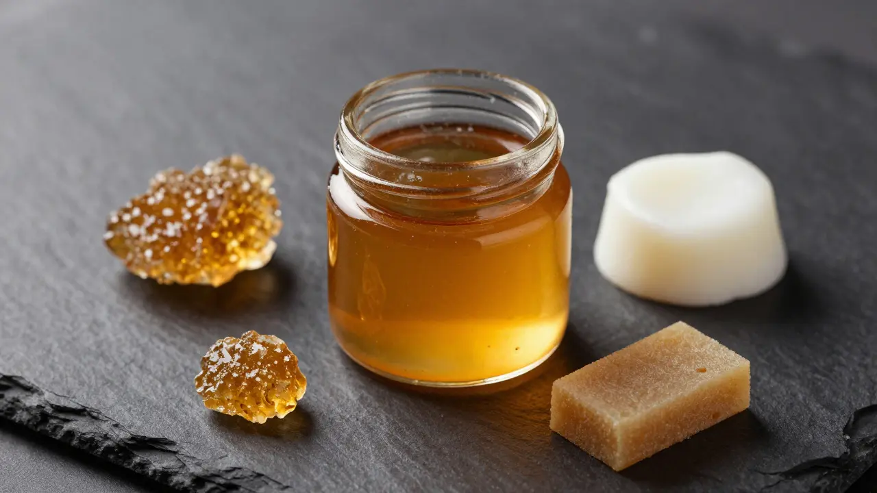 Verschiedene Cannabiskonzentrate wie Live Resin, Shatter und Rosin auf dunklem Untergrund.