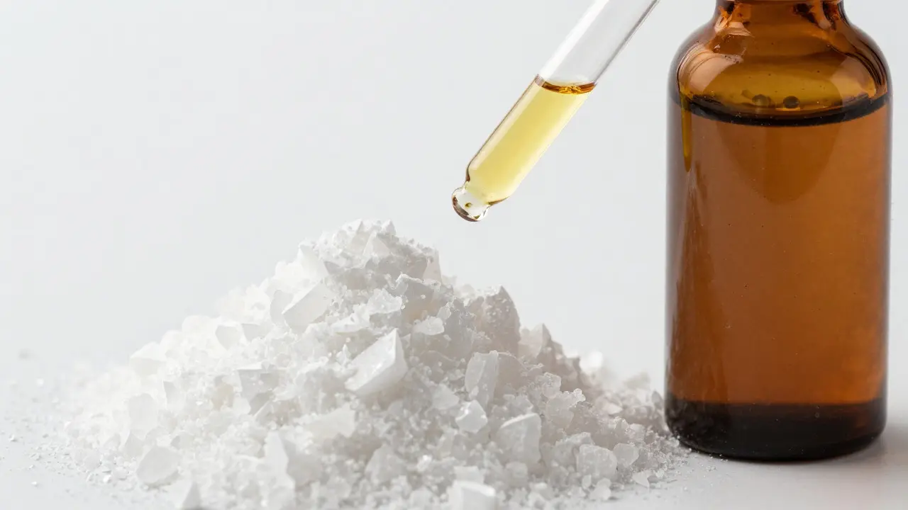 Weiße CBD-Kristalle neben einer Flasche braunem Vollspektrum-Hanföl
