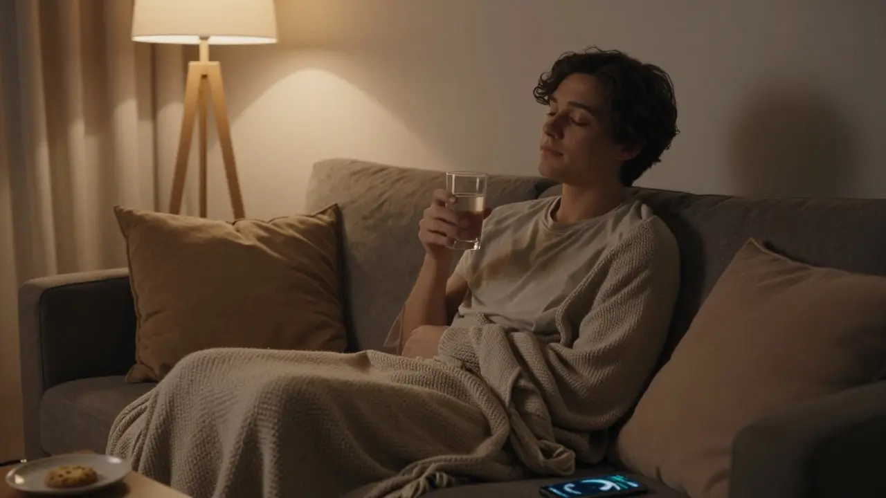 Entspannte Person unter einer Decke auf dem Sofa in einem dunklen, gemütlichen Wohnzimmer