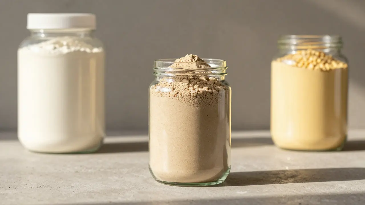 Glas mit Hanfproteinpulver im Fokus neben anderen Proteinquellen