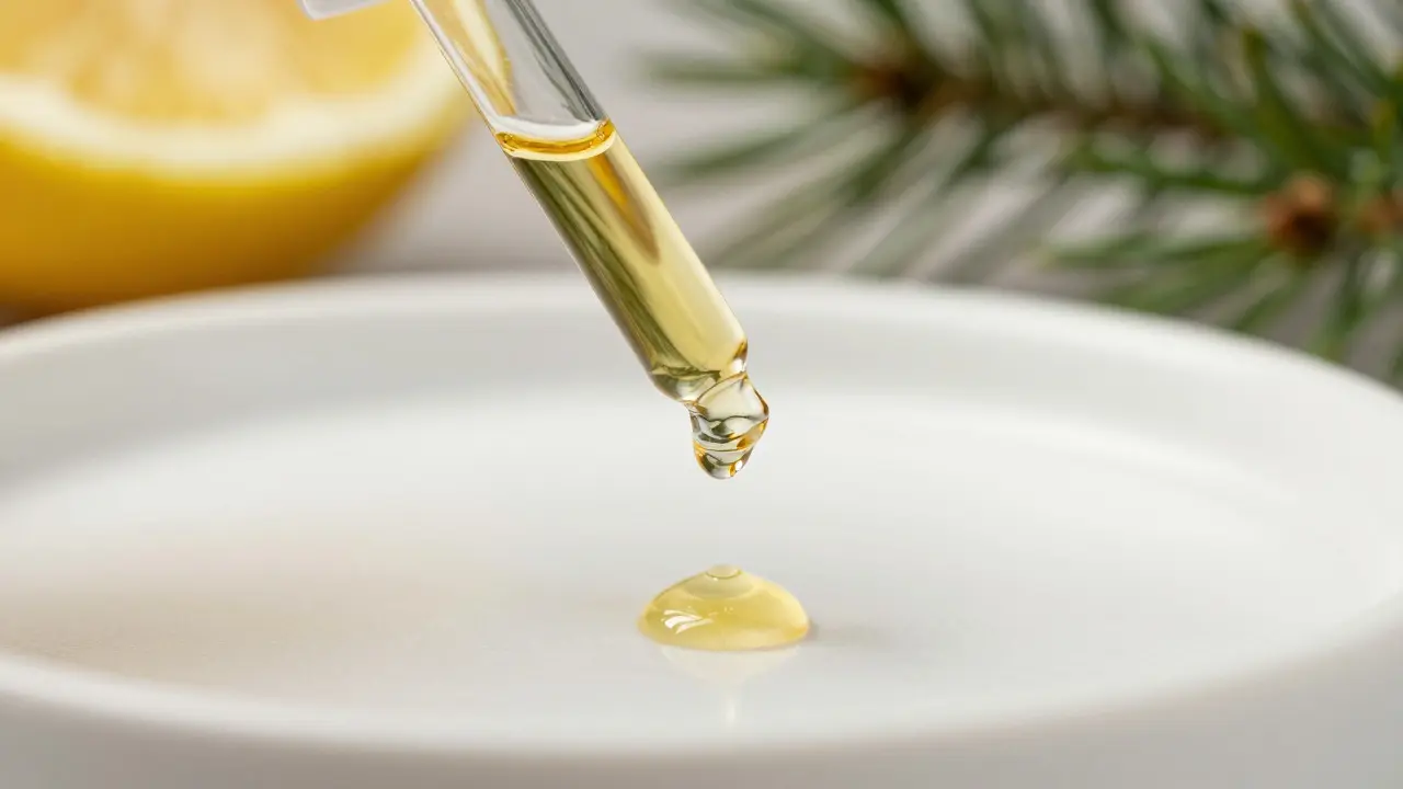 Goldener Tropfen aus einer Pipette auf weißer Keramikfläche