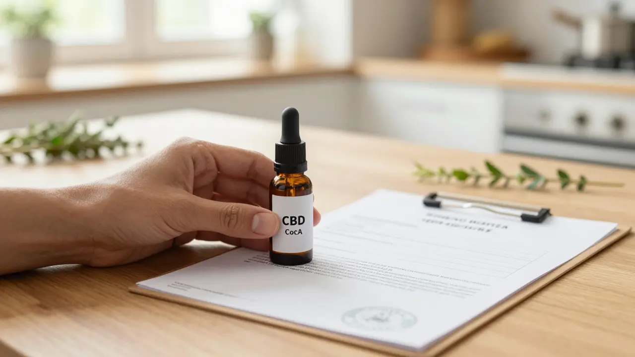 Hand hält CBD-Öl neben einem Laborzertifikat auf einem Holztisch