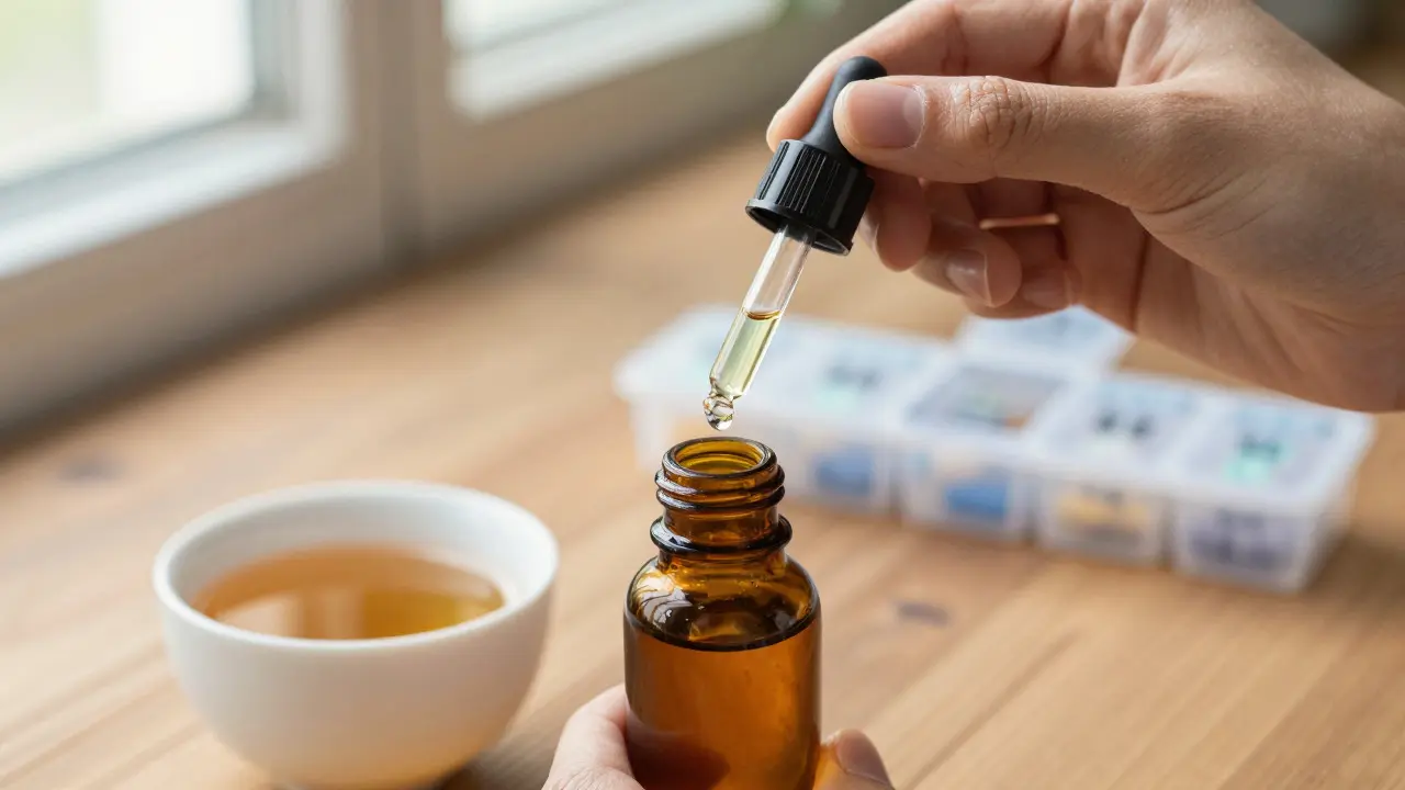 Hand hält eine Tropferflasche mit Öl über einem Holztisch neben einer Tasse Tee