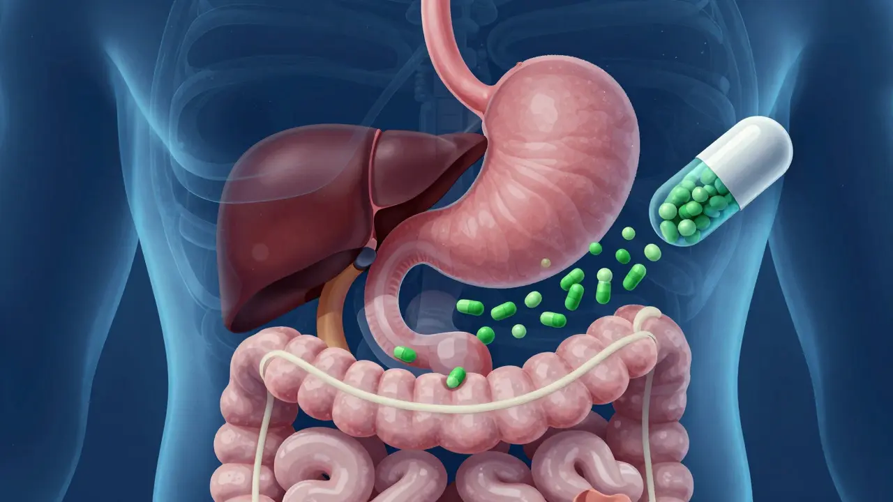 Illustration of a capsule traveling through the digestive system to the liver