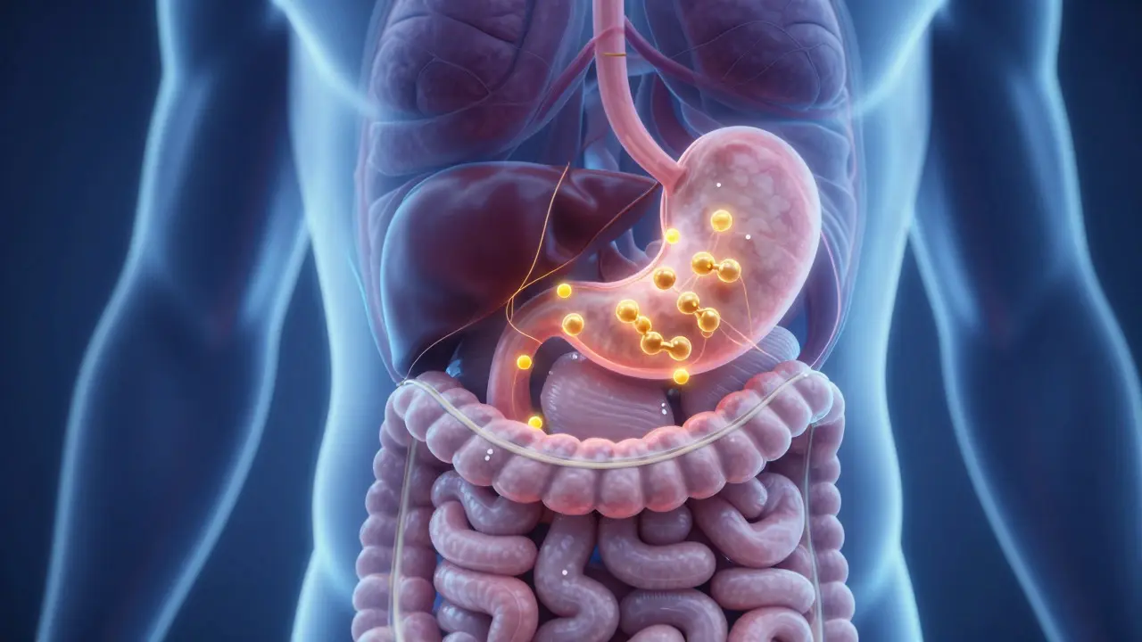 Illustration of CBD molecule traveling through digestive system to liver